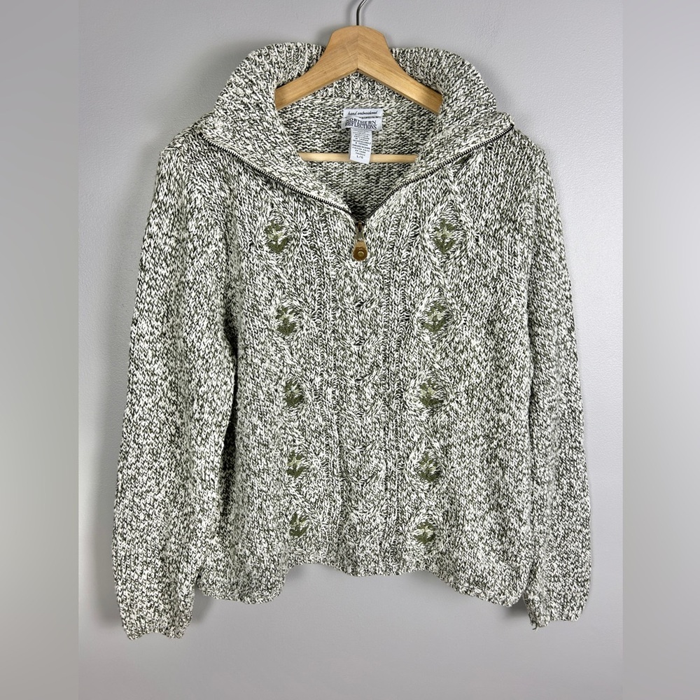 VINTAGE Y2K Northern Reflection Cotton Cable Knit‎ Quarter Zip Sweater Lg Green
